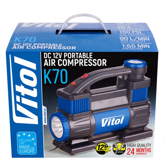 Компресор "ViTOL" K-70 150psi/25Amp /90л/2 циліндра /шланг 1,0+5,0м/клеми