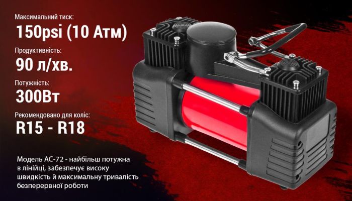 Компресор "Штурмовик" AC-72 150psi/25Amp /90л/2 циліндра /шланг 5,0м/клеми